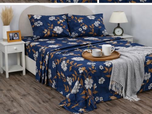 Image of BSB HOME 2 Bedsheet Combo Set with 4 Pillow Covers - Premium Cotton Glace Cotton Microfiber Printed Double Bedsheets, 2 Elegant Colors, Soft Breathable Luxury Bedding Set - Dark Blue and Pink