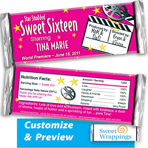 Personalized Candy Bar Wrappers | Hollywood Birthday | Birthday Party, Sweet 16, Gift, Party Favor, Personalized, Custom | (36 Wrapper Kit) - Fits Hershey's 1.55oz Chocolate Candy