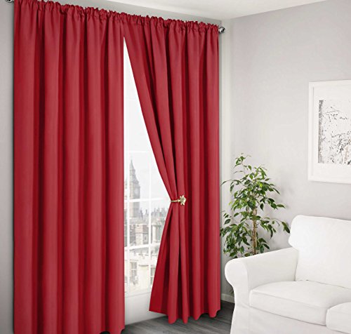 Ashley Mills 100% Pure Plain Tape Top Pair of Curtains 66 x 72 Red Thermal Backed Verona Readymade Curtains
