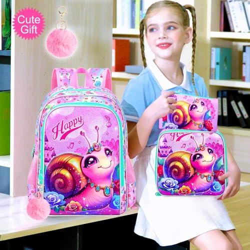 Image of 16 inch Backpack for Girls, 16 inch Kids Bookbag with Lunch Box，Snail School Backpacks for Elementary Preschool Kindergarten (Pink)