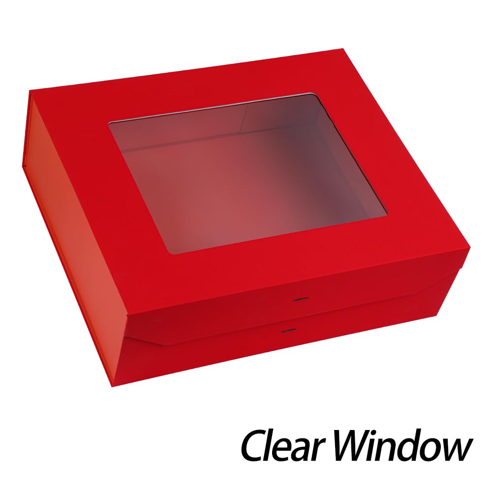 PLINJOY 3 scatole regalo extra large rosse per regali con nastro, 48 x 40 x 15 cm, scatola regalo trasparente con finestra e chiusura magnetica, scatole regalo con coperchio