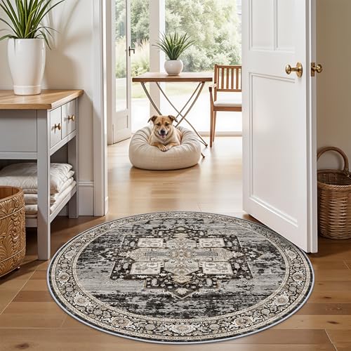 Living Room 4round Area Rugs - Boho Rugs for Bedroom Kitchen Stain Resistant Carpet Vintage Tribal Rugs for Dining Room Bathroom with Non Slip Backing Home Decor Floor Mat 4ft Black