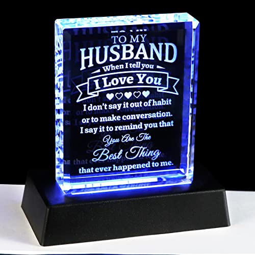 YWHL To My Husband Gifts for Him with Colorful Light Base, I Love You Meaningful Gifts for Husband, Laser Engraving Crystal Present for Husband Birthday Anniversary Valentine's Day