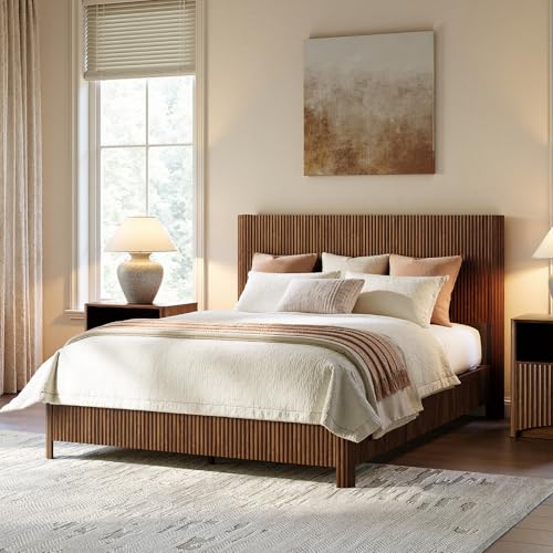 Image of Evermagin Walnut Queen Bed Frame with Headboard, Mid Century Modern Fluted Platform Bed, Boho Wooden Bed Base No Box Spring Needed, Wavy Grooved Panel