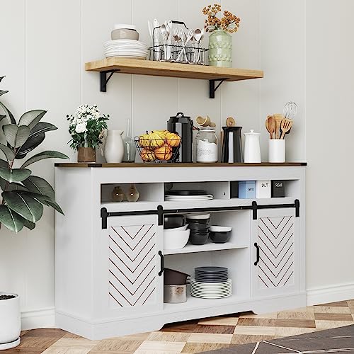 Image of RoyalCraft Farmhouse TV Stand with Sliding Barn Door for TVs up to 65+ Inch, 34 inch Tall Entertainment Center, Wood Media Console Storage Cabinet for Bedroom, Living Room, White and Rustic Oak