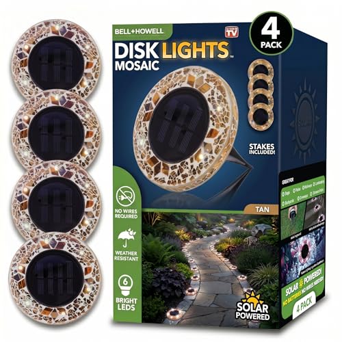 Bell+Howell 4 Pk Mosaic Solar Lights Outdoor LED Disk Pathway Lights Taupe