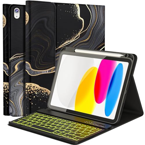 FUWANG for iPad A16 11th 10th Generation Case with Keyboard, Detachable 7 Colors Backlit Wireless Marble Keyboard Case with Pencil Holder for iPad A16 11th 11-inch 2025 &10th Gen 10.9 Inch 2022, Black
