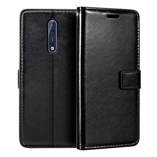 Funda Cartera de Cuero PU Compatible con Nokia 8, Tapa Magnética con Ranuras para Tarjetas, Función Soporte y Protección Total (Negro)