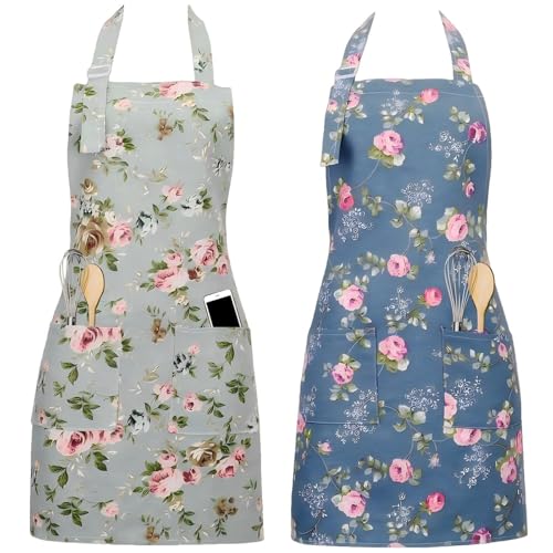 Chsukozic Schürze Damen Kochschürze 2er Set - Küchenschürze Damen Blumen (73x65cm) mit 2 Taschen - Kittelschürze Oma, Kochschürze & Apron Geschenk