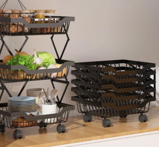 PLATU Multi-layer Fruit Vegetable Storage Basket Organizer，Rolling Utility Cart Produce Basket Storage Shelf Cart, Stackable Metal Wire Basket Cart with Wheels for Pantry,Bathroom (3 Tiers, black)