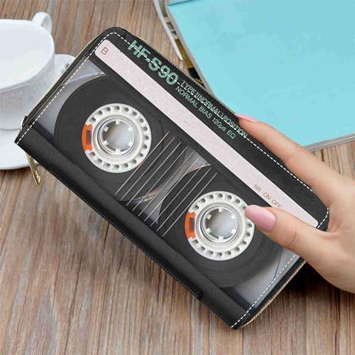 Women's Retro Music Cassette Print Wallet, Large Capacity, PU Leather, Zipper Clutch Purse, Phone Wallet3