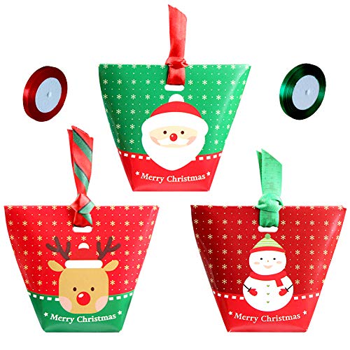 Gukasxi 24pcs 3D Christmas Goody Gift Boxes with Ribbon for Holiday Xmas Goodie Paper Boxes Bags, School Classroom Party Favor Supplies, Candy Treat Cardboard Cookie Boxes
