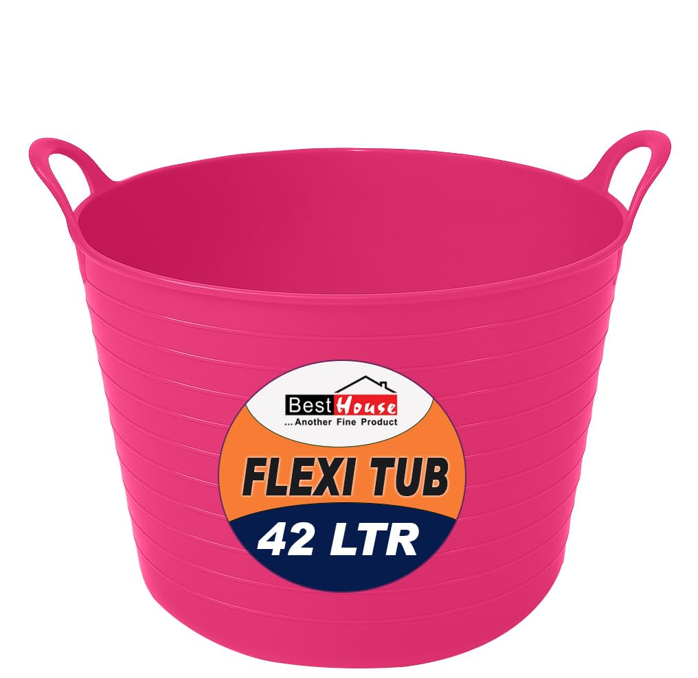 BEST HOUSE | 1 Pc of Flexi Tub with Handles | 42 L | Pink | Multi Purpose Plastic Storage Container for Home, Washing, Yard, Garden Waste and DIY Projects