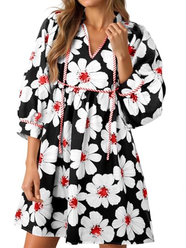 Image of Cicy Bell Womens Floral Mini Dresses 3 /4 Balloon Sleeve V Neck Flowy Babydoll Dress Summer Beach Vacation Boho Outfits