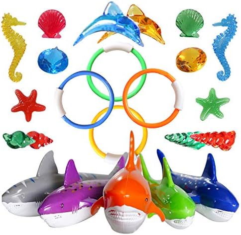Blasoul 23 Pack Diving Pool Toys Underwater Swimming/Diving Pool Toy Rings for Kids Includes 4 Diving Rings,5 Shark Pool Toy,14 Shining Underwater Dive Gem Pool Toy Set Non-Toxic Safe for Kids