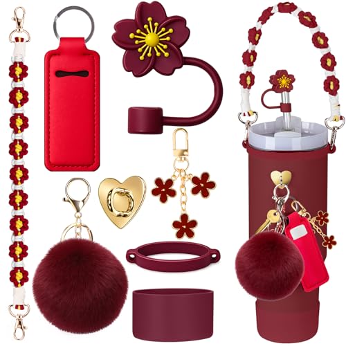 Mity rain Cup Accessories for Stanley Cup 30oz 40oz Tumbler with Handle, Including Water Bottle Handle Strap, Chapstick Holder, Boot, Keychain Charms, Straw Topper Cover Cap for Stanley (Black Cherry)