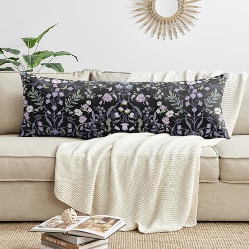 Image of Sweet Jojo Designs Black Purple Boho Wildflower Vintage Floral Girl Body Pillow Cover Case Decorative Accent Long Couch Bed Pregnancy Pillowcase 54x20 Lavender Bohemian Farmhouse Botanical Cottagecore