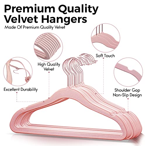 Techzoo 50 Premium Kids Velvet Hangers - 14" Inch Non-Slip Kids Hangers - Ultra Slim Space Saving Children Hangers - 360°Swivel Hook, Strong & Durable Kids & Preteen Hangers - Pink #TOP7