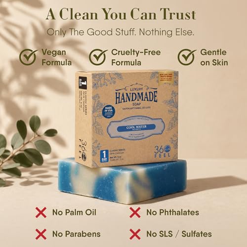 Image of 360Feel Handmade Castile Soap - Cool Water, 5 oz, 4-Pack | Handmade with Essential Oils for Soothing Scent - Suitable Gift for Anniversaries, Weddings and Holiday Stockings