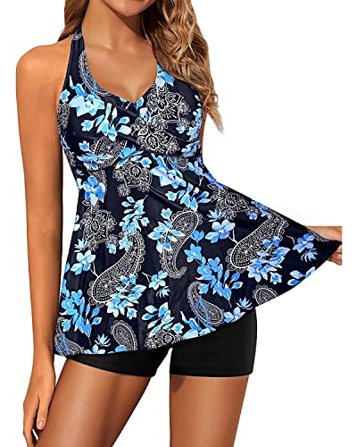 Yonique Two Piece Tankini Swimsuits For Women With Shorts Halter V Neck Bathing Suits Flowy Twist Front Swimwear Paisley M Blue #TOP4