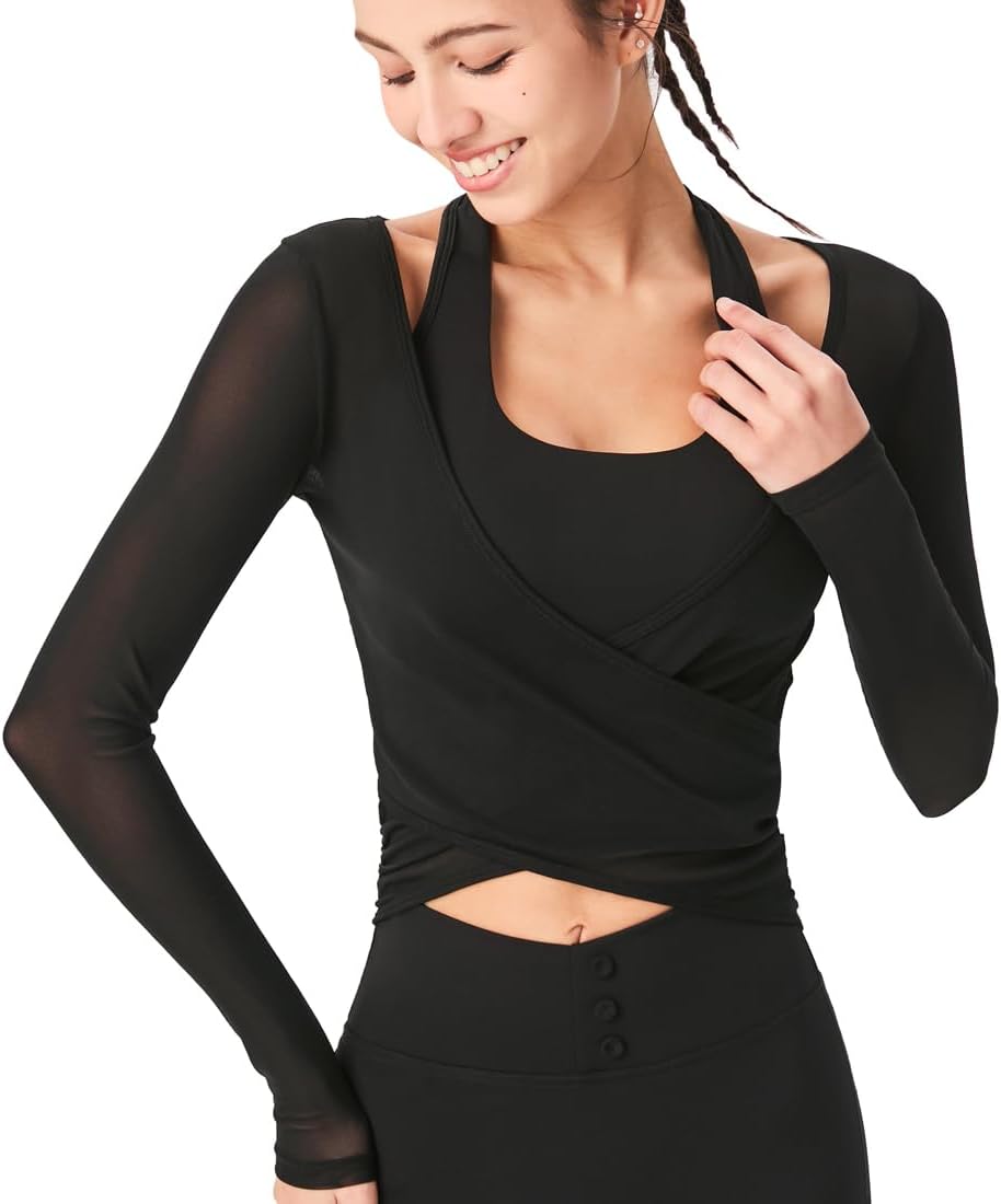 Harssidanzar Yoga Two-Piece Set Long Sleeve for Women Mesh Gym Athletic Tops Workout Shirts with Sports Bra CL306US - Image 3