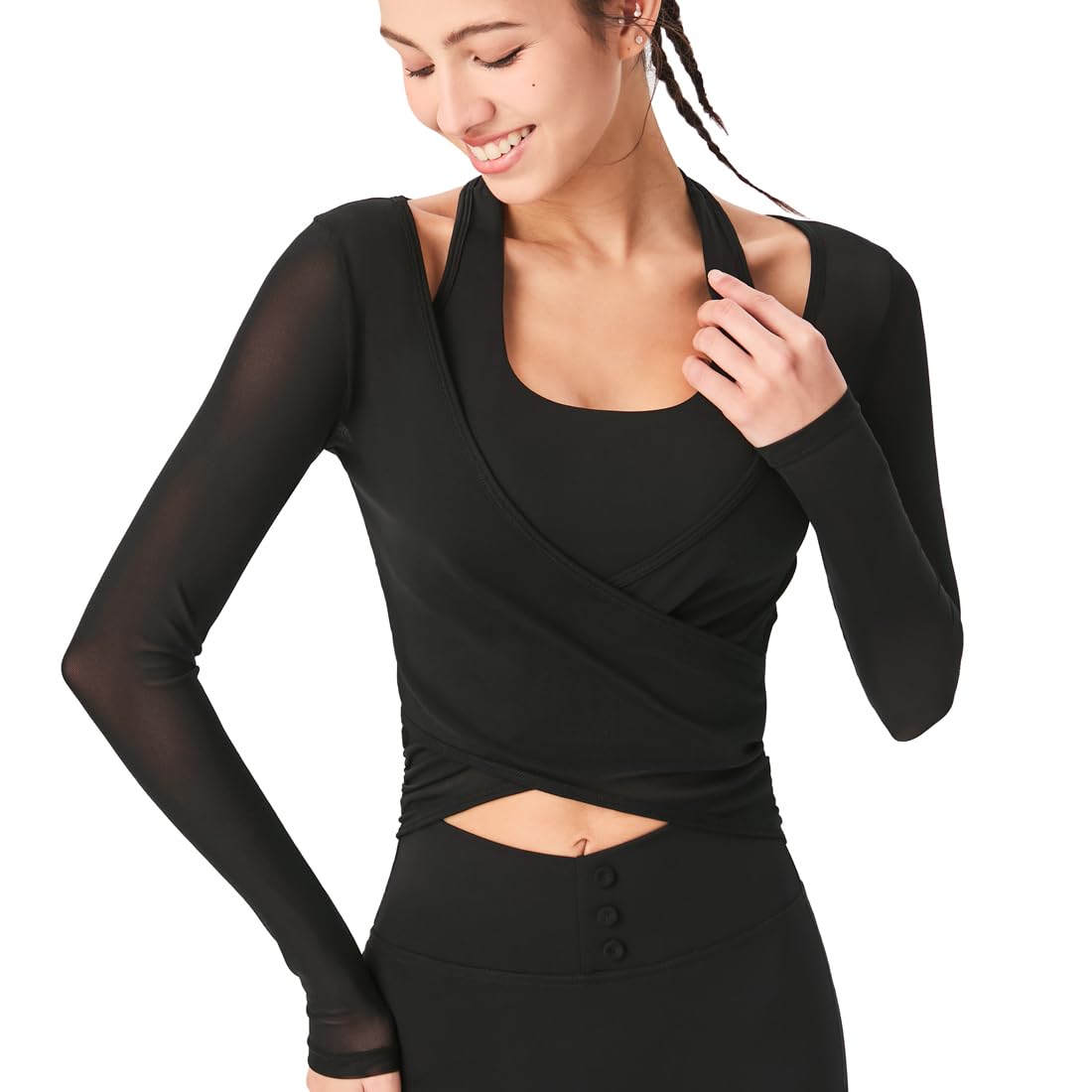 Harssidanzar Yoga Due Pezzi Set Manica Lunga per Le Donne Mesh Gym Athletic Top Allenamento Camicie con Reggiseno Sportivo CL306US