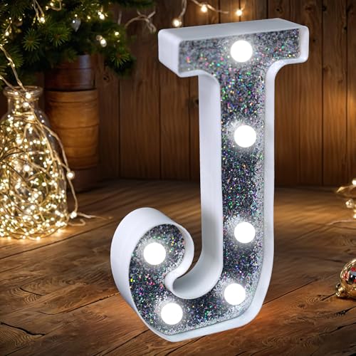 Letras con luces LED para marquesina, letras plateadas con purpurina, luz nocturna alimentada por pilas, para fiesta de cumpleaños, boda, decoración del hogar, baby shower, J