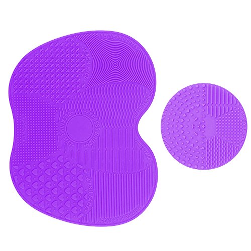 Makeup Brush Cleaner Brush Cleaning Mat Makeup Brush Cleaner Pad with Scrubber Suction Cup Portable Mini Size Pack of 2 (Dark Purple)