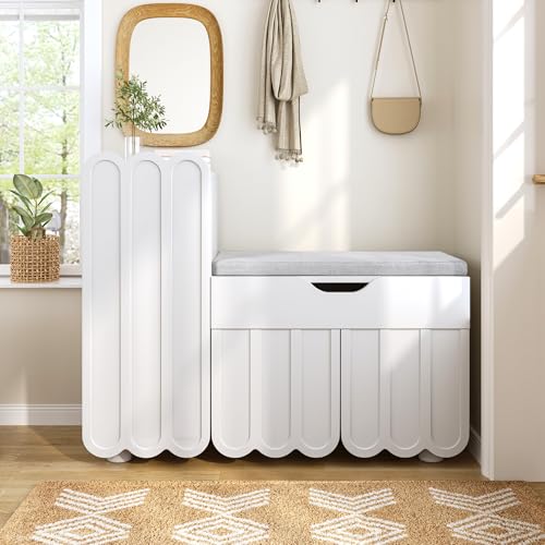 BTM Armoire à chaussures moderne et élégante, à 3 portes, avec tiroir et coussin d’assise, peu encombrante, pour le couloir et l’entrée (blanc)