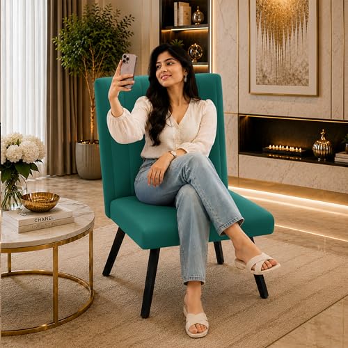 Image of Modern Velvet Accent Chair for Living Room | Upholstered Single Seater Chair with Metal Legs | Comfortable Seating for Bedroom, Office & Guest Room - Green