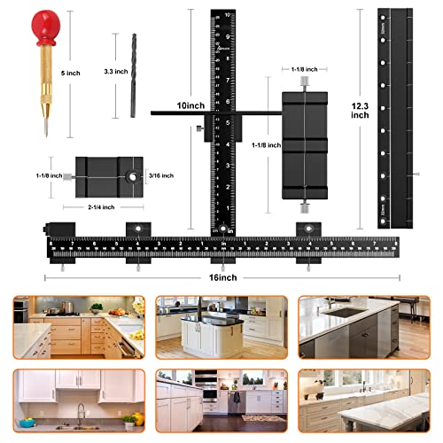 Cabinet Hardware Jig Tool, Aiment All Aluminum Pull Jig With Extensions For Oversized Handles, Adjustable Punch Locator Drill Template Guide For Door & Drawer Front Knobs, Pulls And Shelf Pin Holes #TOP7