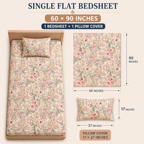 Image of BSB HOME 240 TC Premium Single Bed Bedsheet, Soft Floral Printed Bed Sheet, Elegant Cotton-Look Bedding with Stylish Floral Pattern Bedsheet for Bedroom, 60 x 90 Inches (152 x 229 cm) - Pale Sand