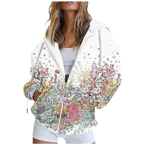 Women's Trendy Floral Printing Jacket Zip Up Long Sleeve Hoodies Streetwear Fashion Coat With Pockets
