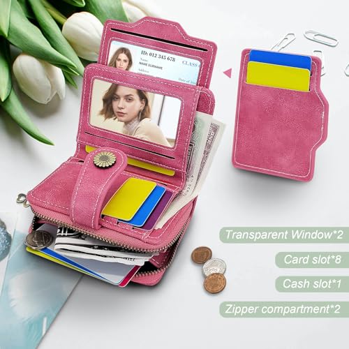 Small Wallets, PU Leather Bifold Card Holder Wallet for Women, Flower Decoration Compact Purse with Coin Pocket (Pink)4
