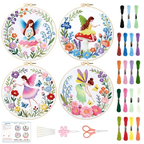Image of BEUNITONE 4 Set Fairy Patterns Embroidery Kit for Beginners 7.9 inchx7.9 inch DIY Complete Needlepoint Kits for Adults, Cross Stitch Starter Kit with Hoops and Instructions, Handmade Gifts for Home Decor
