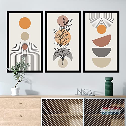 Kit 3 Quadros Decorativos com MOLDURA Geométrico Moderno com Folhagem e Círculos