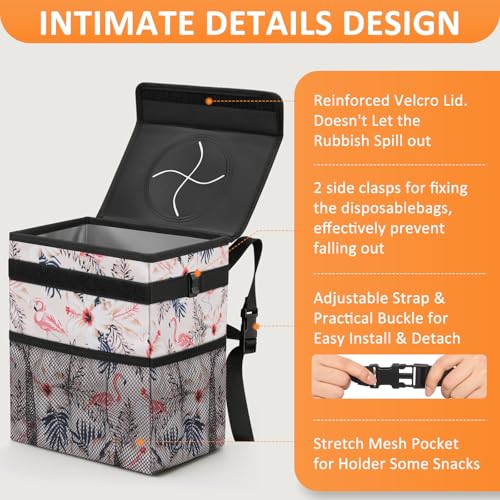 Image of Vankor Cute Car Trash Can for Car, Car Accessories for Women Interior Car Can Trash Bag Hanging Automotive Car Garbage Cans Pink Flamingos