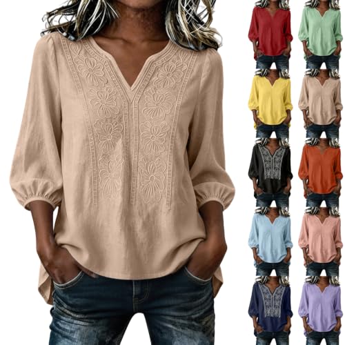 Boho Tops for Women Dressy 3/4 Sleeve Shirts Casual Loose V-Neck Low Hem Linen Embroidered Blouse Boho Blouses for Women Khaki S - image 1