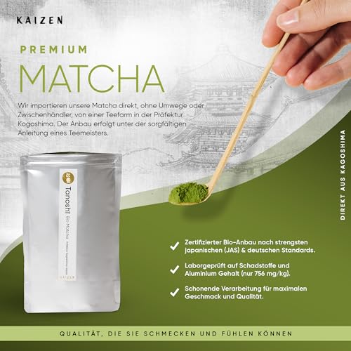 Kaizen® Tanoshī Bio Matcha-Tee - Tezumi Contest Grade - 35 Tage Tana-Beschattung - Direktimport aus der Präfektur Kagoshima/Japan - 80g im wiederverschließbaren Aromaschutzbeutel