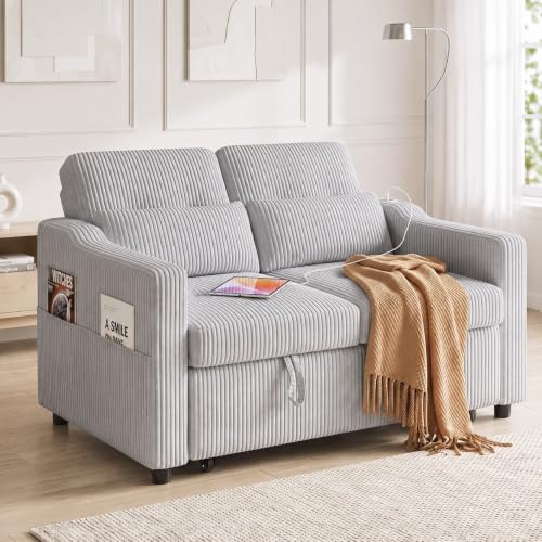 Image of 51.6 inch 3-in-1 Convertible Sleeper Sofa Bed, Pull Out Loveseat Couch with 5-Position Adjustable Backrest, USB & Type-C Ports, Side Storage Pockets, Corduroy Sofa Bed for Small Spaces