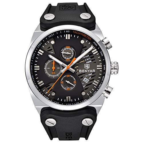 BENYAR 2020 Fashion Men Waterproof 30M Outdoor Multifunction Sports Chronograph Wristwatch Calendar Rubber Luminous Men's Quartz Watches (Silver Orange)