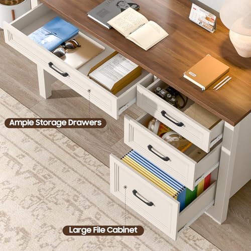 Image of Vabches Farmhouse Executive Desk with Storage and Ample File Drawer, Rustic Large Home Writing Desk for Bedroom, White
