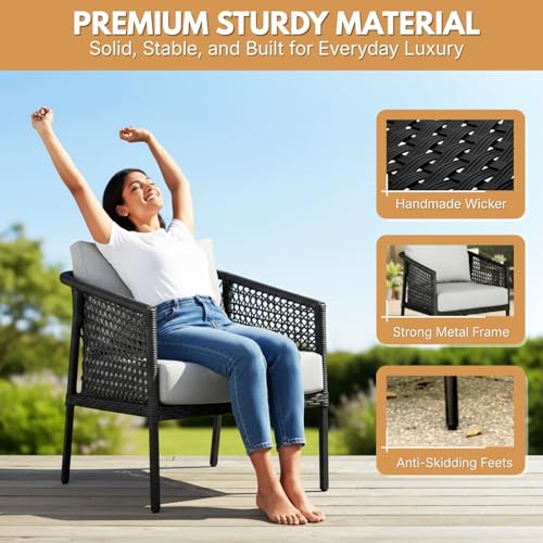 Image of DEVOKO Furniture 3-Piece Patio Set Elegant Black Wicker Design and Gray Cushions for Comfortable Outdoor Living