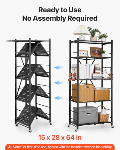 Image of VEVOR 5-Tier Foldable Storage Shelf, 28W x 15D x 64H Inch Folding Metal Rack Shelving Unit, No Assembly Organizer Shelf with 5 Wheels & 4 Hooks for Pantry, Kitchen, Garage, Basement, Black