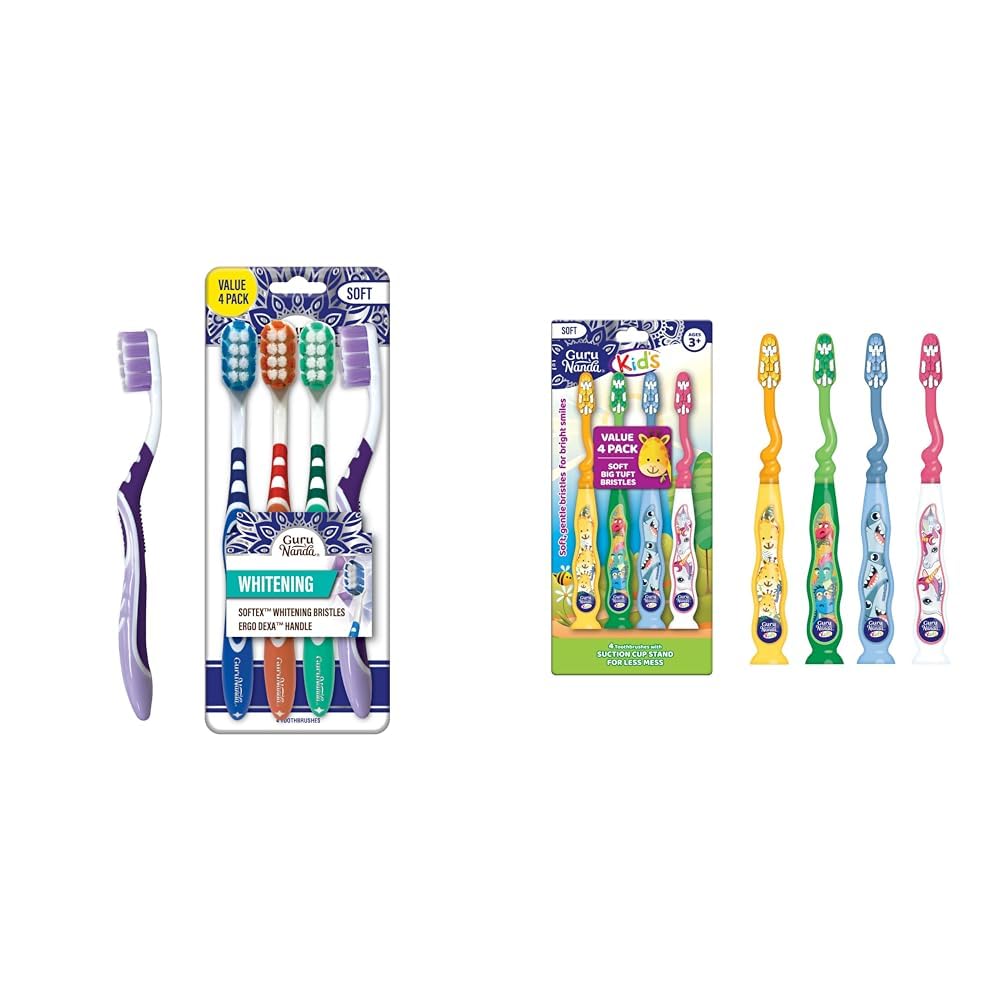 GuruNanda Whitening Toothbrush Pack of 4 Kids Toothbrush with Suction Cup Soft Bristles Fun Animal Designs - 4