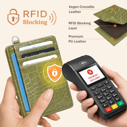 Image of Coco Rossi Crocodile Wallet Women Slim Credit Card Holder with Keychain | Luxury Wallets, Alligator Print, RFID Blocking, ID Case, Small Minimalist, Womens Girls Gift, Olive Croc