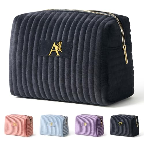 Image of COSHAYSOO Personalized Best Friend Birthday Gifts for Women Unique Woman Happy Retirement Gift, Travel Makeup Bag Quilted Make Up Cosmetic Pouch Beauty Accessories Organizer Black Initial Letter A