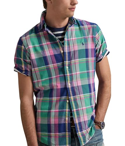 Image of POLO RALPH LAUREN, Mens, Classic Fit Plaid Oxford Shirt, Green /Pink Multi, XX-Large