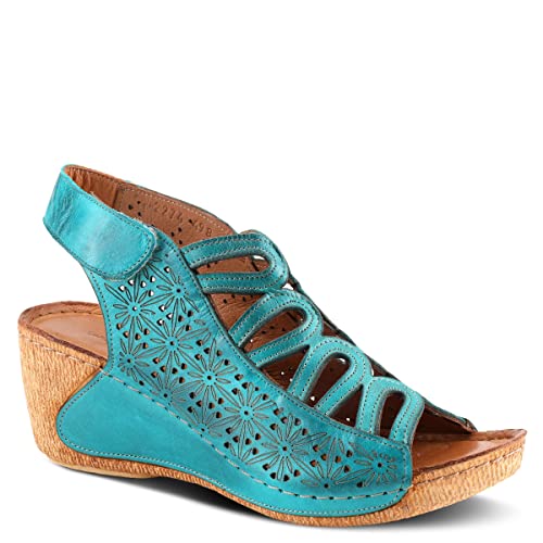 Image of Spring Step Inocencia Women's Leather Wedge Sandals | Low Heel Sandals for Women with Floral Laser Cut Design, Hook and Loop Strap, Mediterranean Style