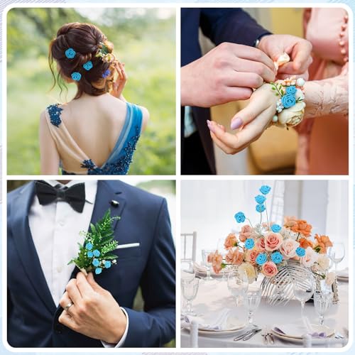 MWOOT Pack of 144 Light Blue Artificial Roses Flower Heads - Image 4